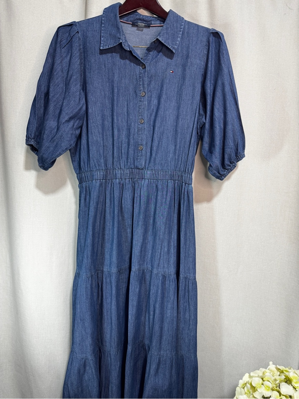 Tommy Hilfiger Blue Denim Maxi Shirt Dress 14 Collared Puff Sleeve Tiered